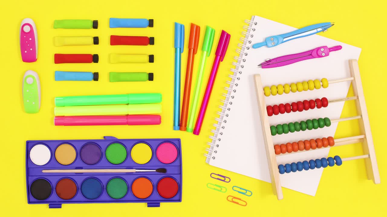 School accessories appear on yellow theme. Back to school stop motion