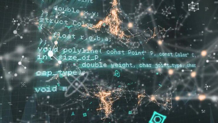 Animation of molecules and constellations over data processing on black background