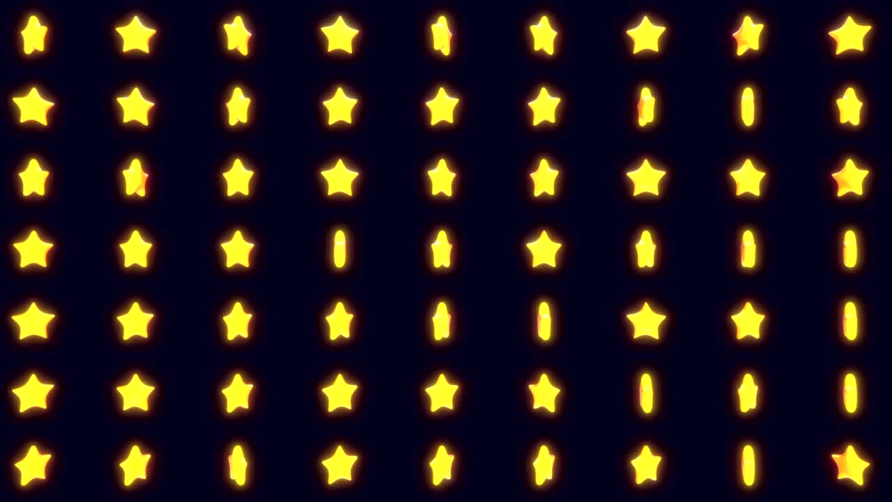 현실적인 3d 만화 노란색 별이 비행하고 검은 바탕에 회전합니다. 게임 또는 방송 장식에 대한 추상적인 밝은 개념. 루프 3d 애니메이션.