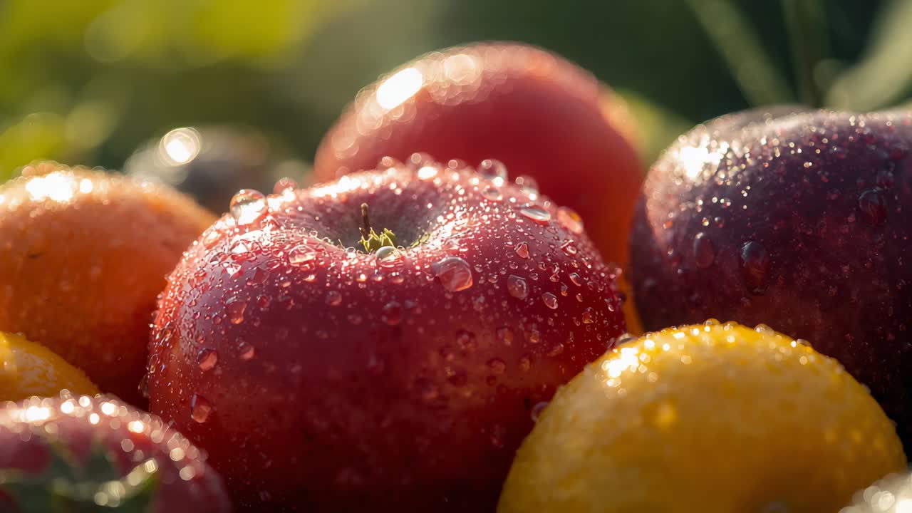 Skiftende kamera avslører sentralt rødt eple på bord med appelsin, som viser dråper og tekstur