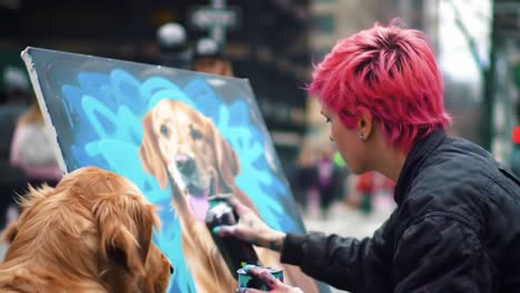 a creative urban encounter: artist paints golden retriever portrait while canine companion observes in a vibrant street art scene