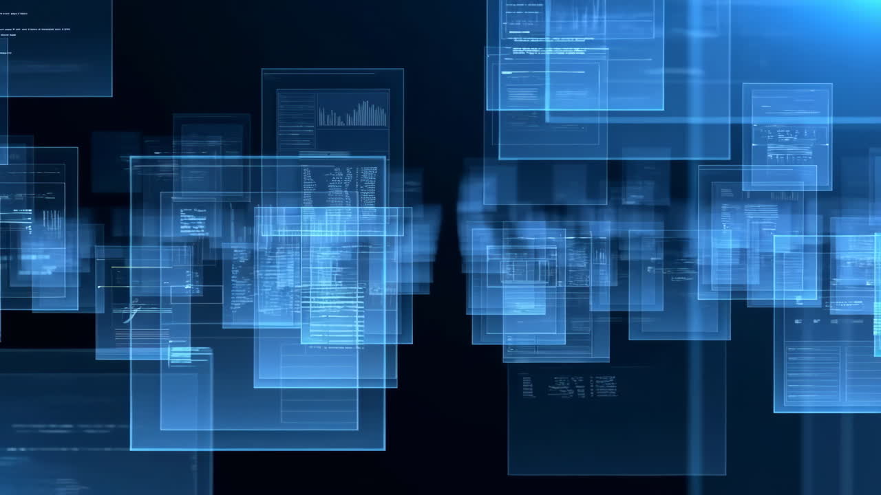 Abstract Digital Data Interface with Blue Glowing Screens