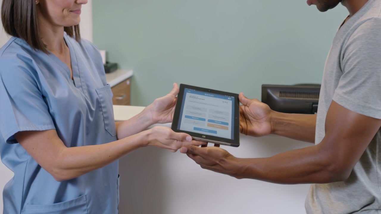 Offering scrub-clad nurse tablet at front desk, patient in gray tee taking tapping to complete form