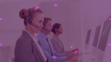 Animation-of-network-of-connections-over-office-workers-wearing-headsets