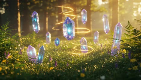 enchanted crystal garden: a magical display of floating crystals amidst lush greenery with spiraling light effects in a mystical forest setting