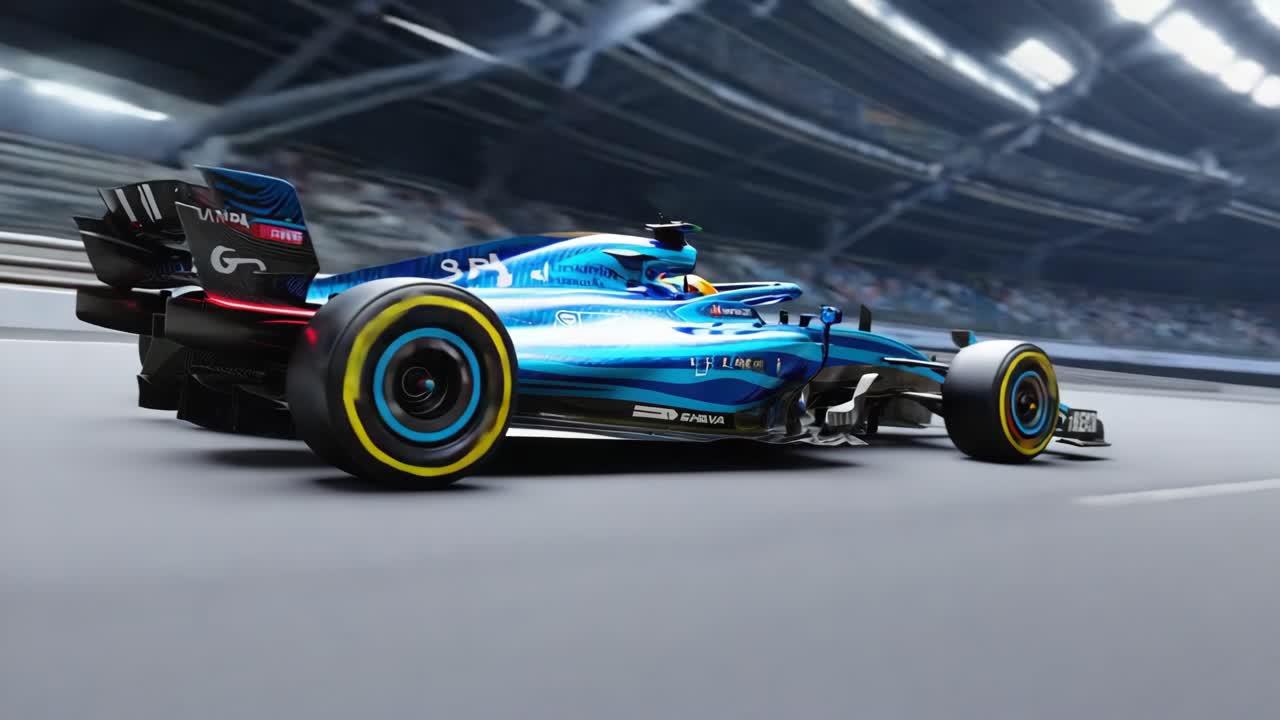 A blue Formula 1 car speeding on a race track