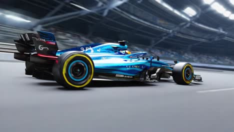 a blue formula 1 car speeding on a race track