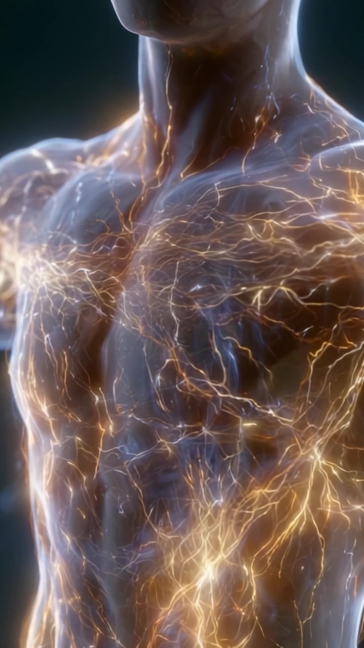 Podmanivá ukázka bioluminiscenční energie proudící lidským tělem: Umělecké ztvárnění životně důležitého spojení a vnitřní vitality