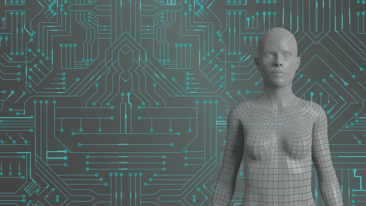 androide femenina y placa de circuito verde brillante