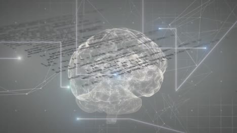 animation of data processing and glowing network of connections against spinning human brain icon