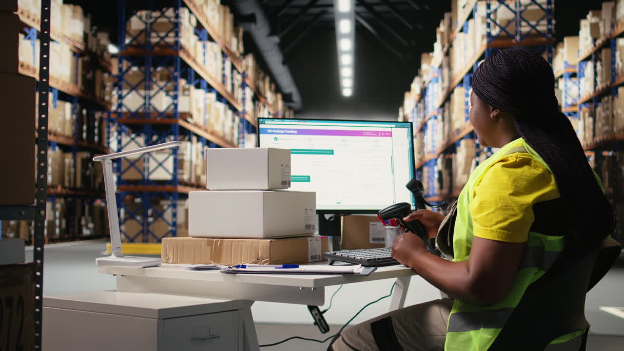 Vertical Video Female warehouse clerk registering barcodes for packages