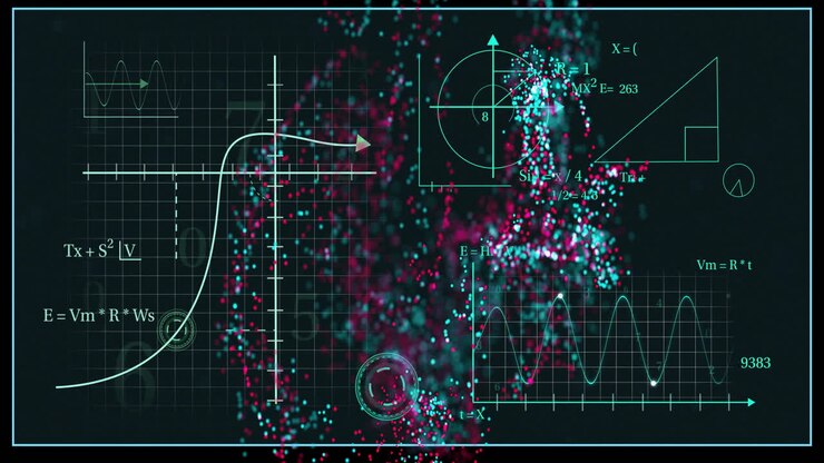 Mathematical equations and graphs over particles and grid background, scientific data analysis