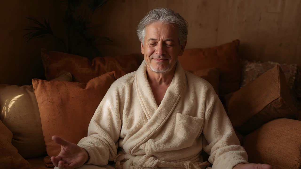 Uomo anziano in accappatoio color crema, seduto sul divano di casa, apre gli occhi e sorride mentre reagisce alla luce a sinistra