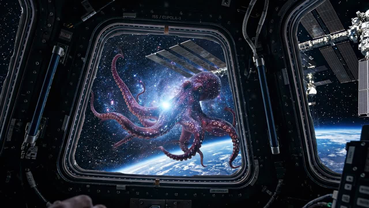 Giant Octopus Creature Floating in Space Outside ISS Window