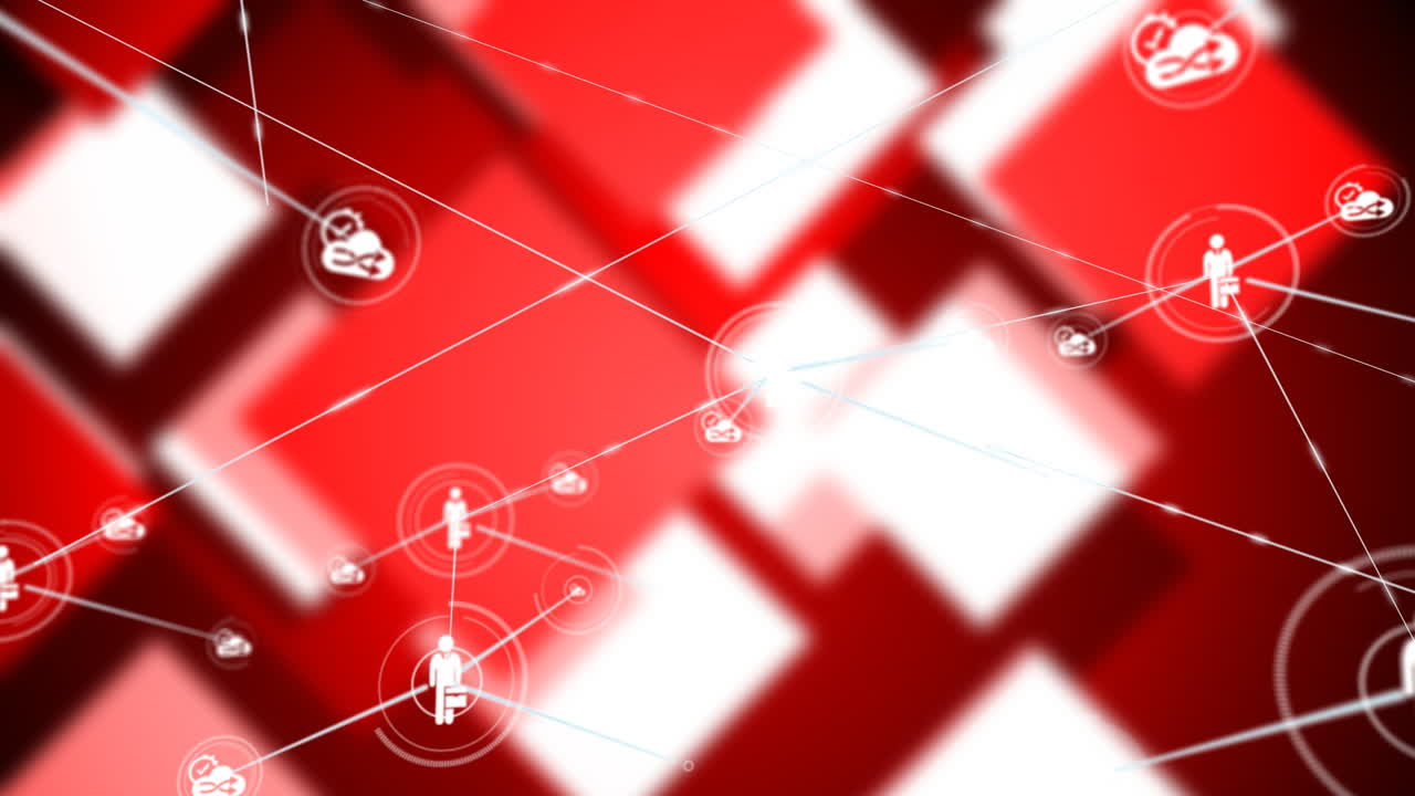 animación de la red de conexiones con iconos sobre formas sobre fondo rojo