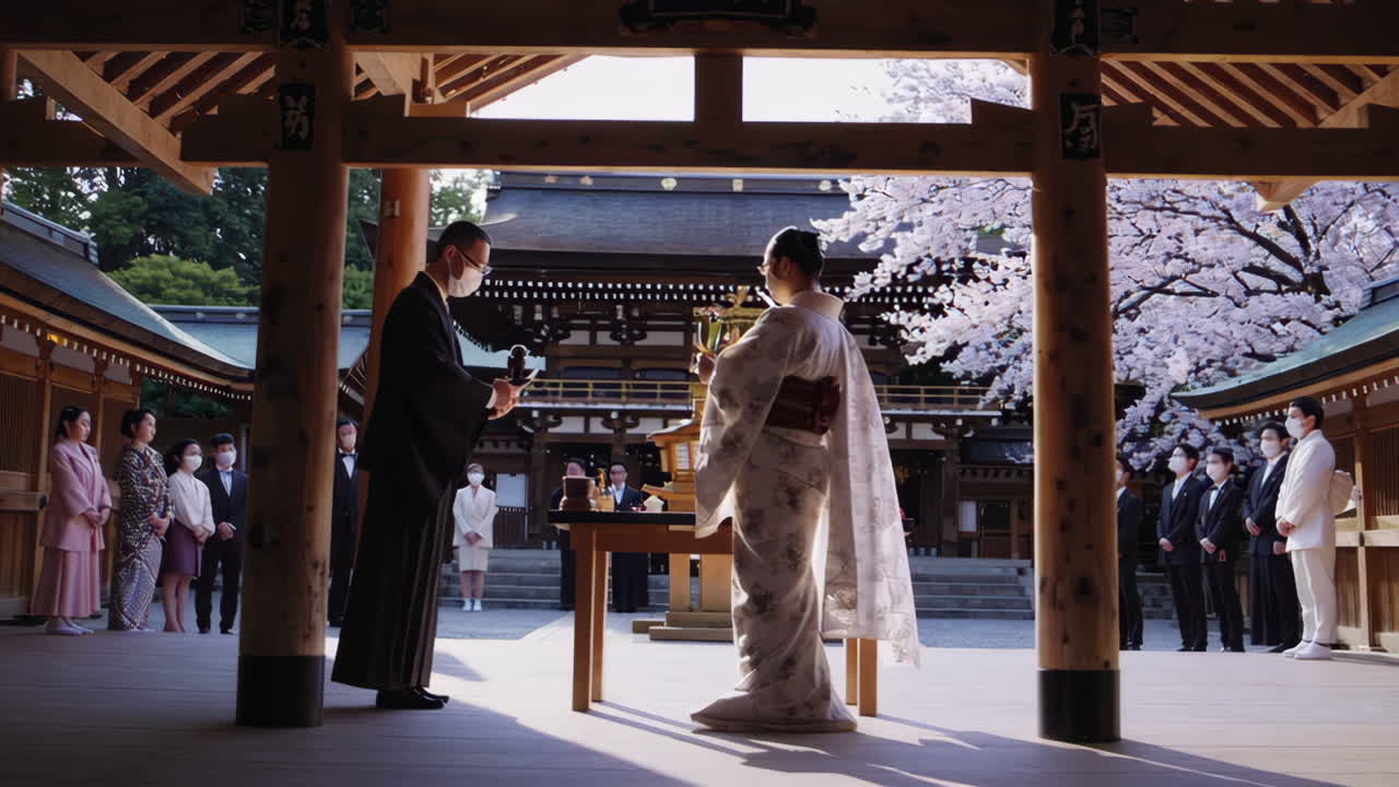 Japanese Shinto Ceremony in a Shrine with Cherry Blossoms