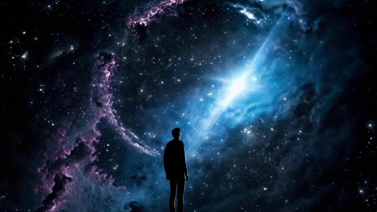 Silhouette of a person gazing at a cosmic scene with stars and nebulae