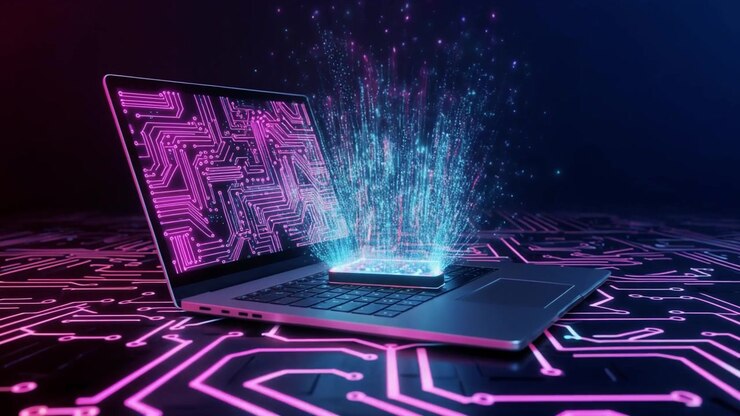 Laptop with Digital Circuit Board Display and Glowing Data Particles
