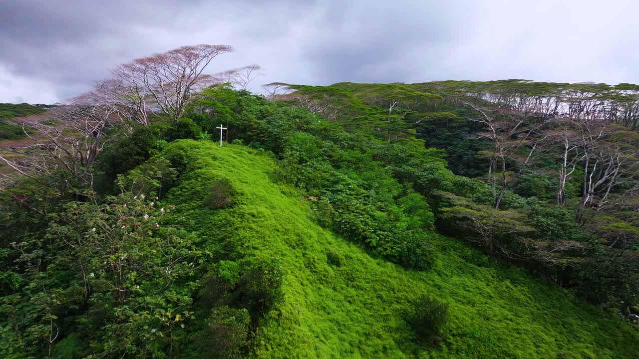 Aerial View of a Lush Green Hill with a Cross
