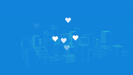 Animación-De-Corazones-Sobre-Paisaje-Urbano-Digital-Sobre-Fondo-Azul