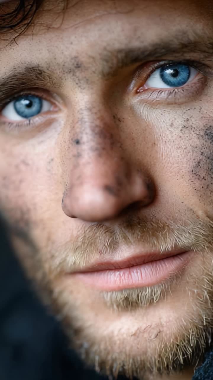 Intense Close-Up Portrait of a Determined Individual with Striking Blue Eyes and a Contoured Face Adorned with Earthy Smudges, Highlighting Resilience and Character