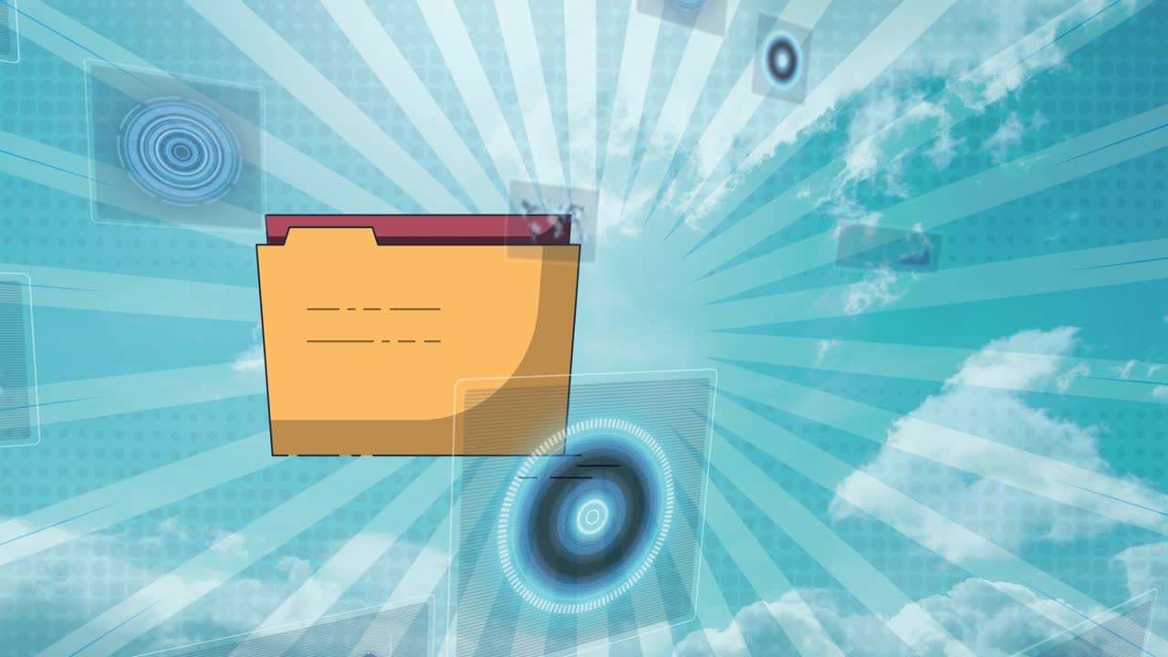 Animation of folder and digital screens on blue background