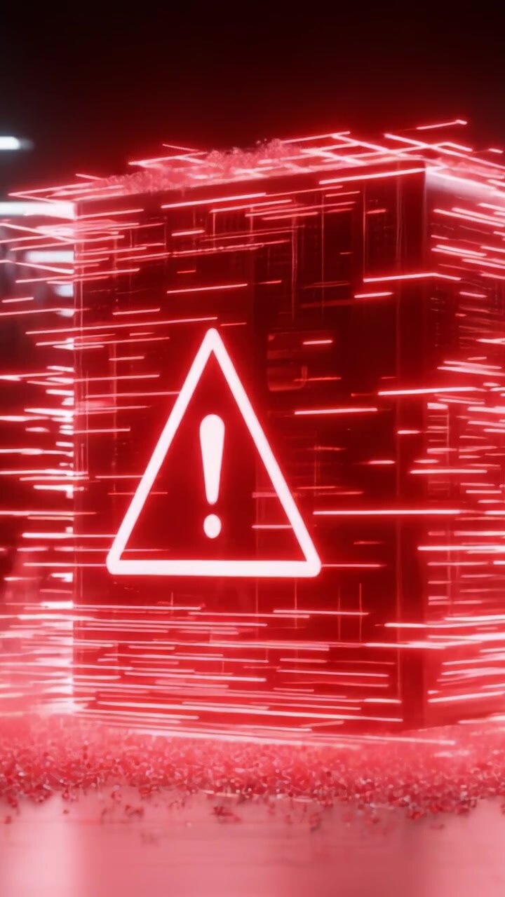 A visually striking warning alert, depicted with dynamic red particles and a glowing exclamation mark in a prominent triangular shape, drawing attention to safety concerns.