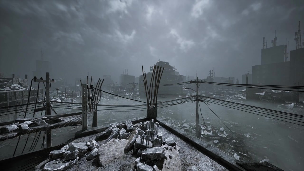Vista industriale abbandonata sotto nuvole pesanti e toni spenti.