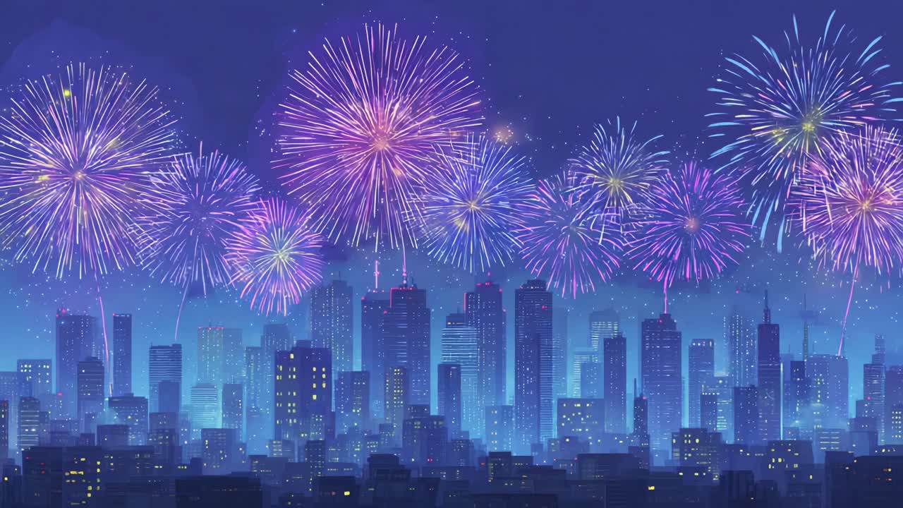 A Vibrant Display of Colorful Fireworks Illuminating the Night Sky Over a City Skyline, Creating a Festive Atmosphere and Captivating View for All to Enjoy