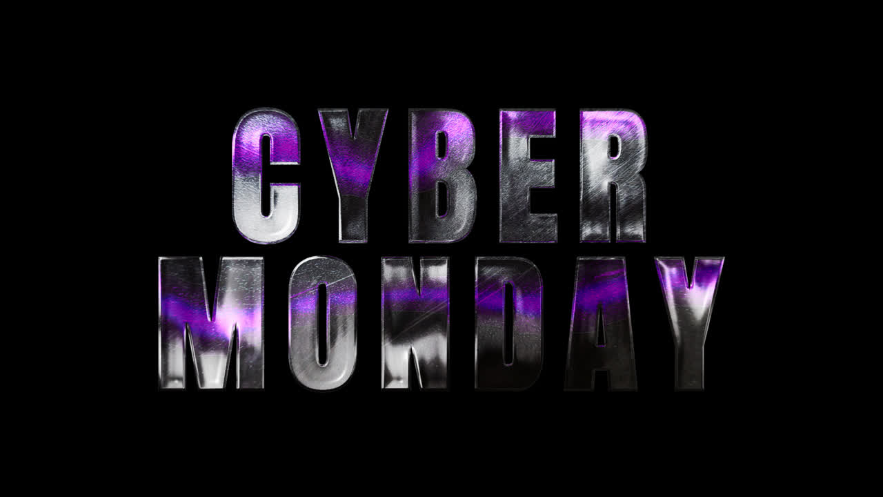 Cyber Monday Text Appearing with Metallic Purple Glow on Black Background
