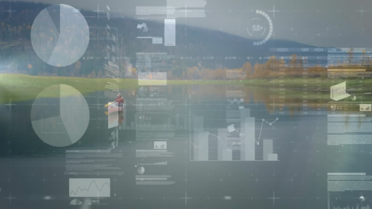 Animation of data processing graphics overlaying serene lake with mountains and trees