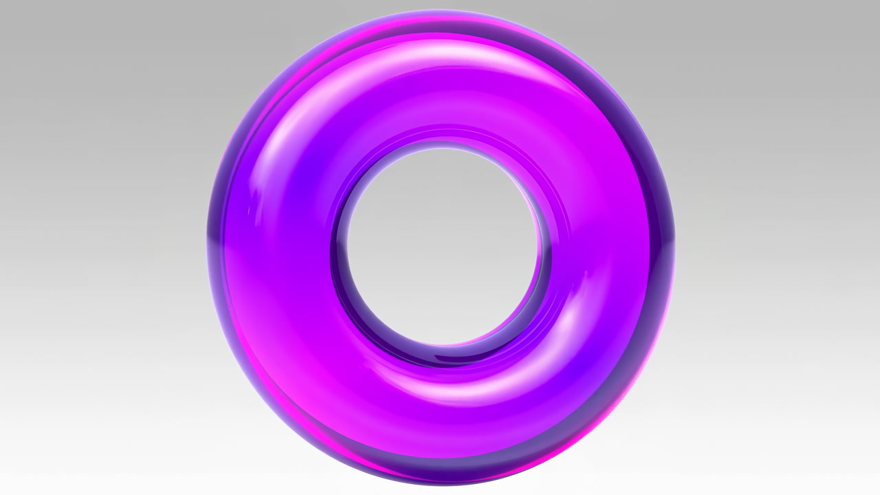 Purple Glossy Torus Floating In Studio, Rotating Slowly While Reflecting Soft Lighting And Magenta Gradient
