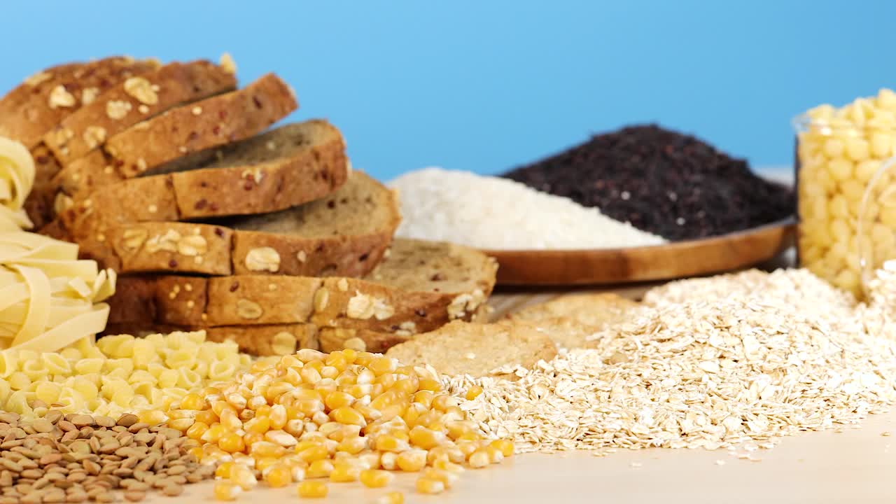 Variety of grains and bread on display