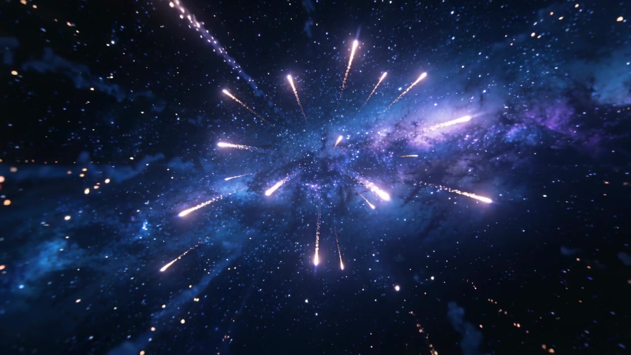 Moving camera pushing forward, luminous streaks rushing past viewer through space, galactic band