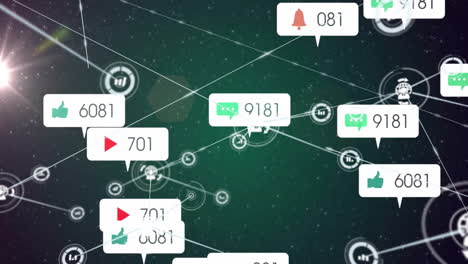 notificaciones de redes sociales y animación de conexiones a través de la red de datos digitales