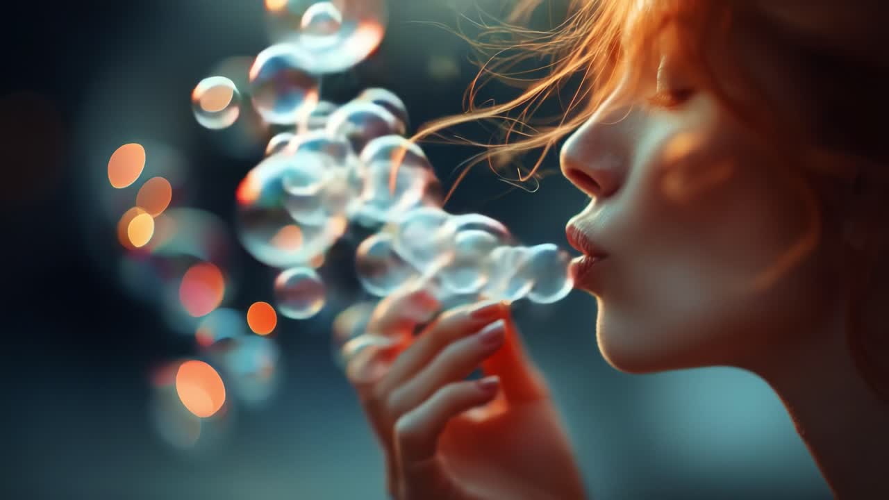 Captivating Moment of Serenity: A Young Woman Exhaling Bubbles Amidst a Dreamy Atmosphere Enhanced by Gorgeous Bokeh Effects and Soft Light, Creating an Enchanting Visual Experience