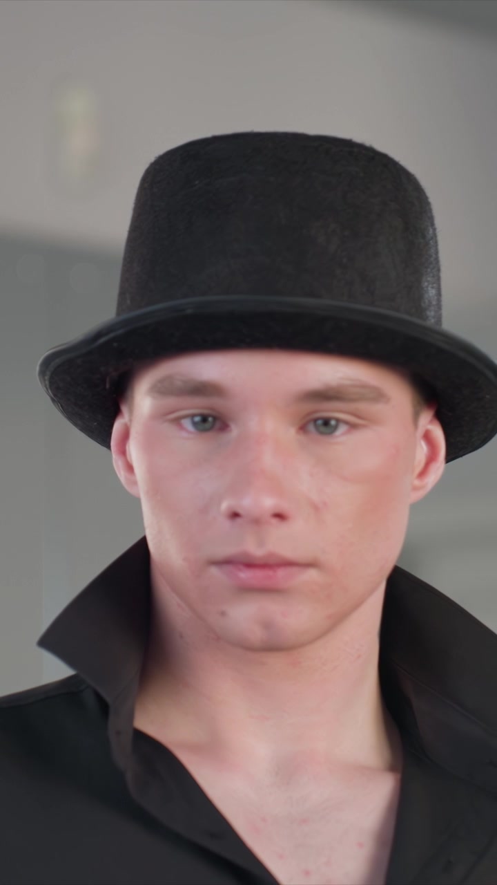 Nærbillede af en ung mand iført sort høj hat og åbenstående krave. Hans påklædning inkluderer synlig hals og kravebensområde. Baggrunden er en utydelig indendørs setting med neutrale toner.