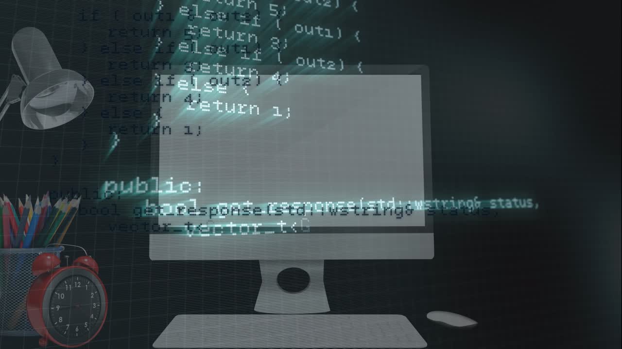 Animation af databehandling over computerskærm, lampe, farveblyanter og ur på sort baggrund