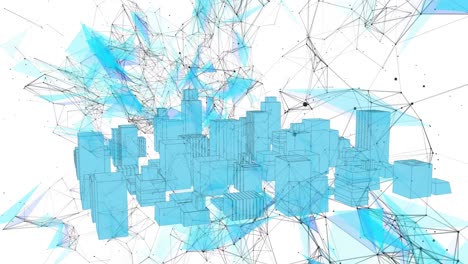 red de conexiones contra el modelo de ciudad 3d girando sobre un fondo blanco