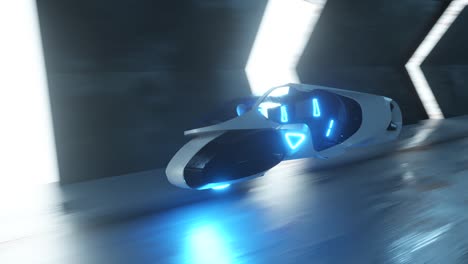 flying a robot behind the wheel of a futuristic car in a long tunnel. artificial intelligence and future concept. seamless loop 3d render.