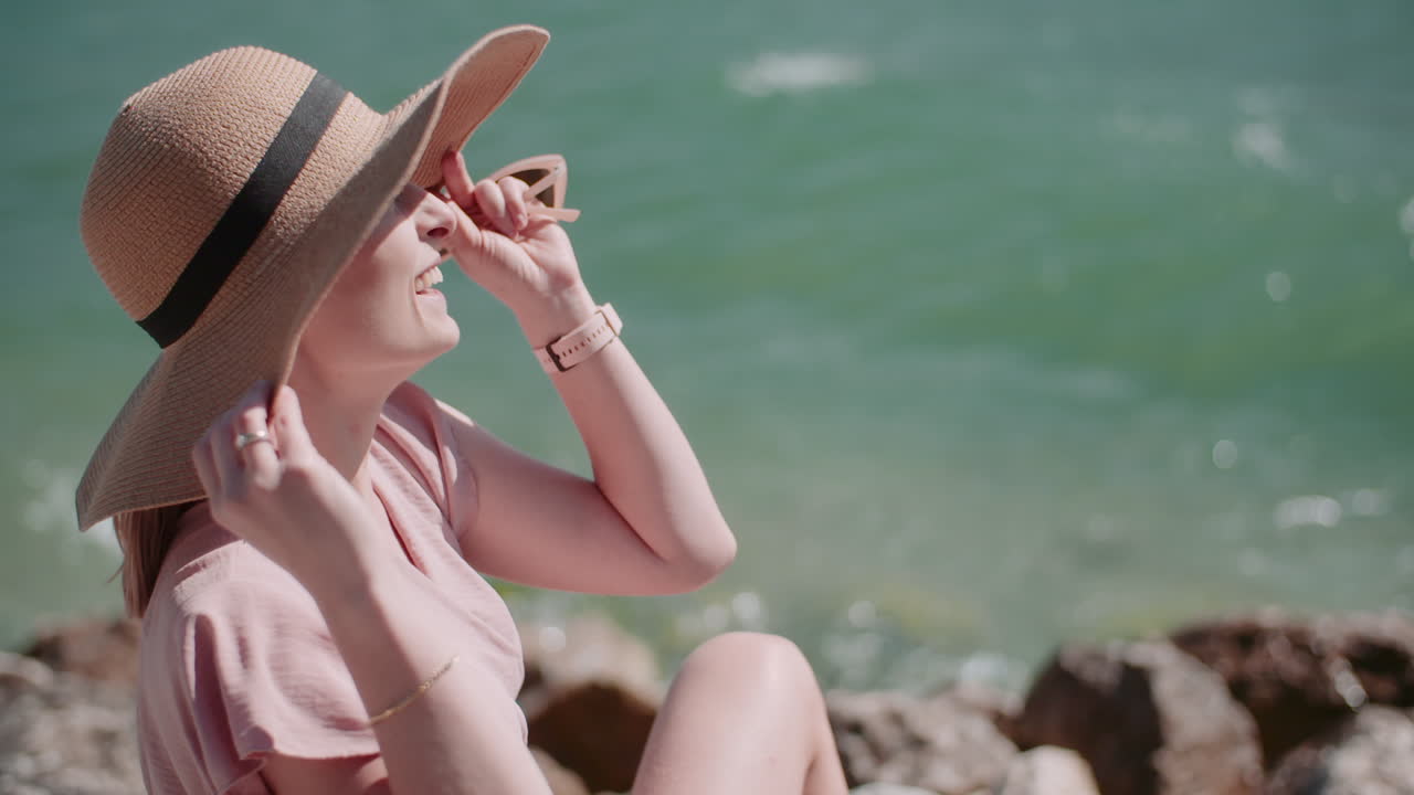 Smiling Woman with Straw Hat by Serene Sea