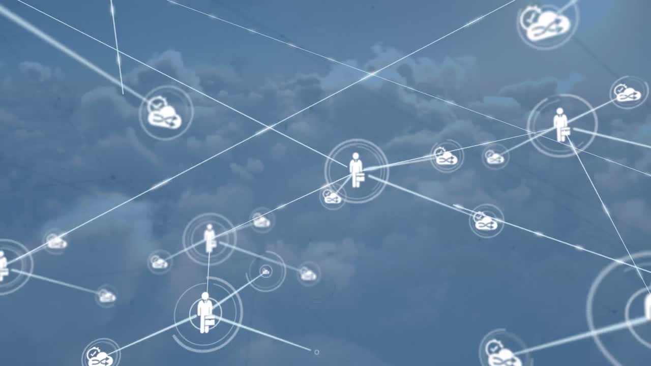 animación de la red de conexiones con iconos y procesamiento de datos sobre el cielo con nubes