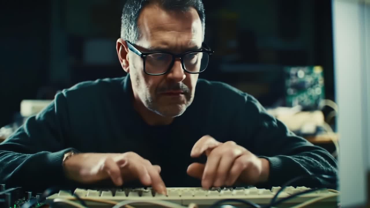 Focused Enthusiast Engaged in Retro Computing Analysis, Typing Intently on Classic Keyboard Amidst a Dimly Lit Workspace Surrounded by Circuitry and Technology