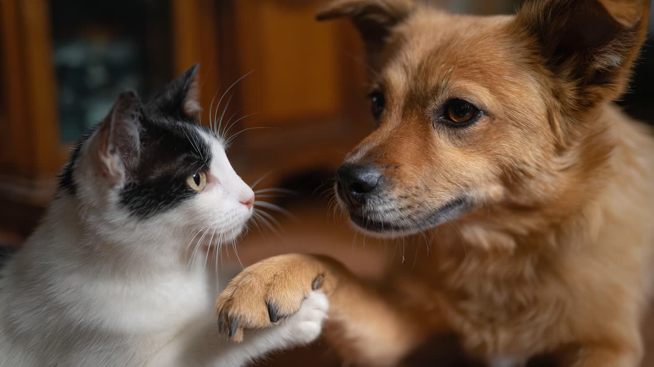 Herzerwärmende Verbindung: Eine Katze und ein Hund schauen sich neugierig in die Augen und zeigen Freundschaft und Verständnis in einer gemütlichen Umgebung