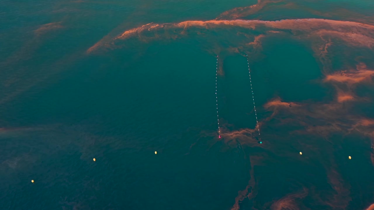 Aerial - Orange pine pollen drifting on turquoise sea water off Sanxenxo Galicia Spain