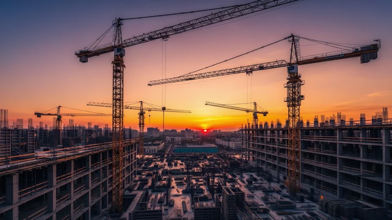 Construction Cranes and Buildings at Sunset