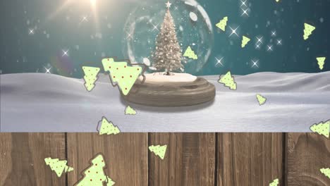 animación de nieve cayendo y árboles sobre el globo de nieve con árbol sobre fondo azul