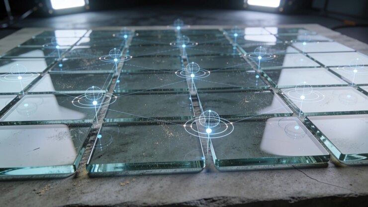 Marcatori blu che si intensificano attivando una griglia centrale di piastrelle di vetro su una lastra ruvida, con polvere che scintilla.