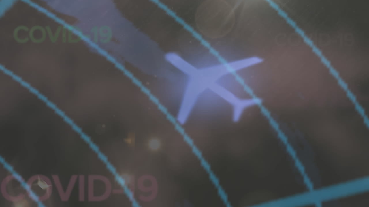 animación de palabras flotantes de covid-19 sobre el radar de vuelo en el fondo oscuro