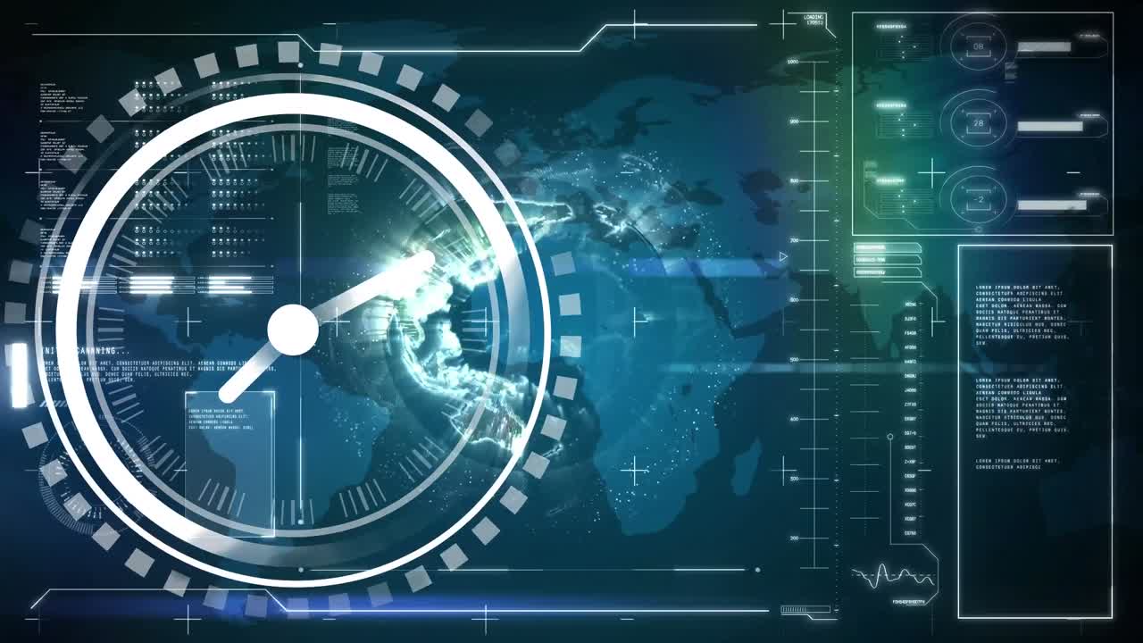 Ticking digital clock over interface with data processing against spinning globe on blue background